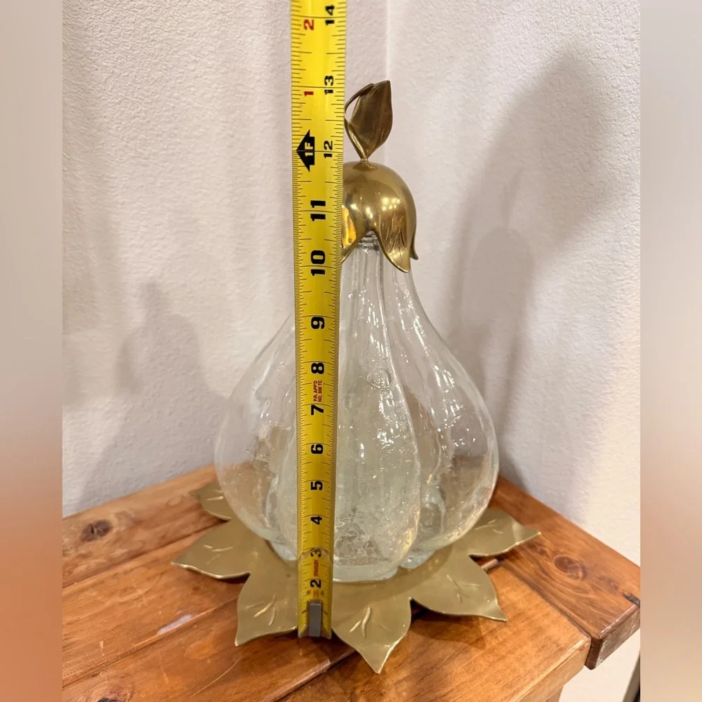 Vintage Italian Glass Pear Decanter Set 5 Bottles Brass Leaf Stand MCM 1960s